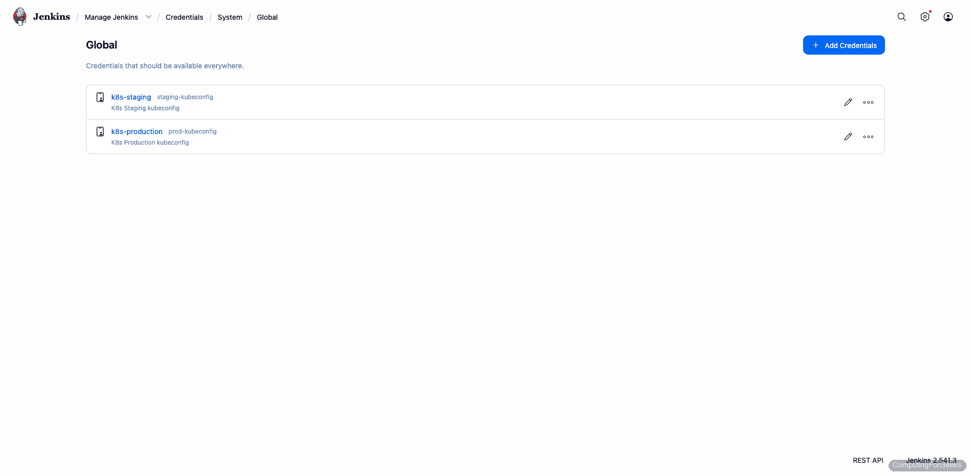 Jenkins Global credentials showing k8s-staging and k8s-production kubeconfig files