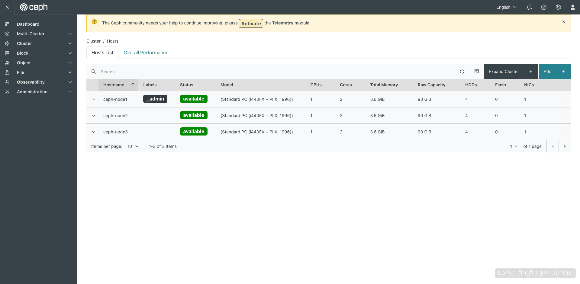 Ceph Dashboard hosts list showing 3 nodes