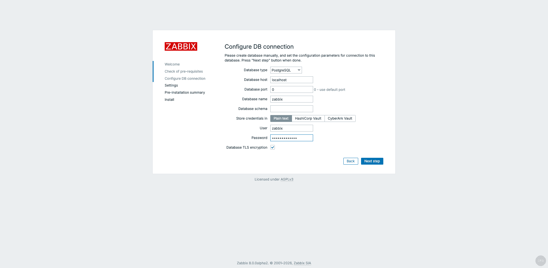 Zabbix 8.0 database configuration with PostgreSQL on Ubuntu