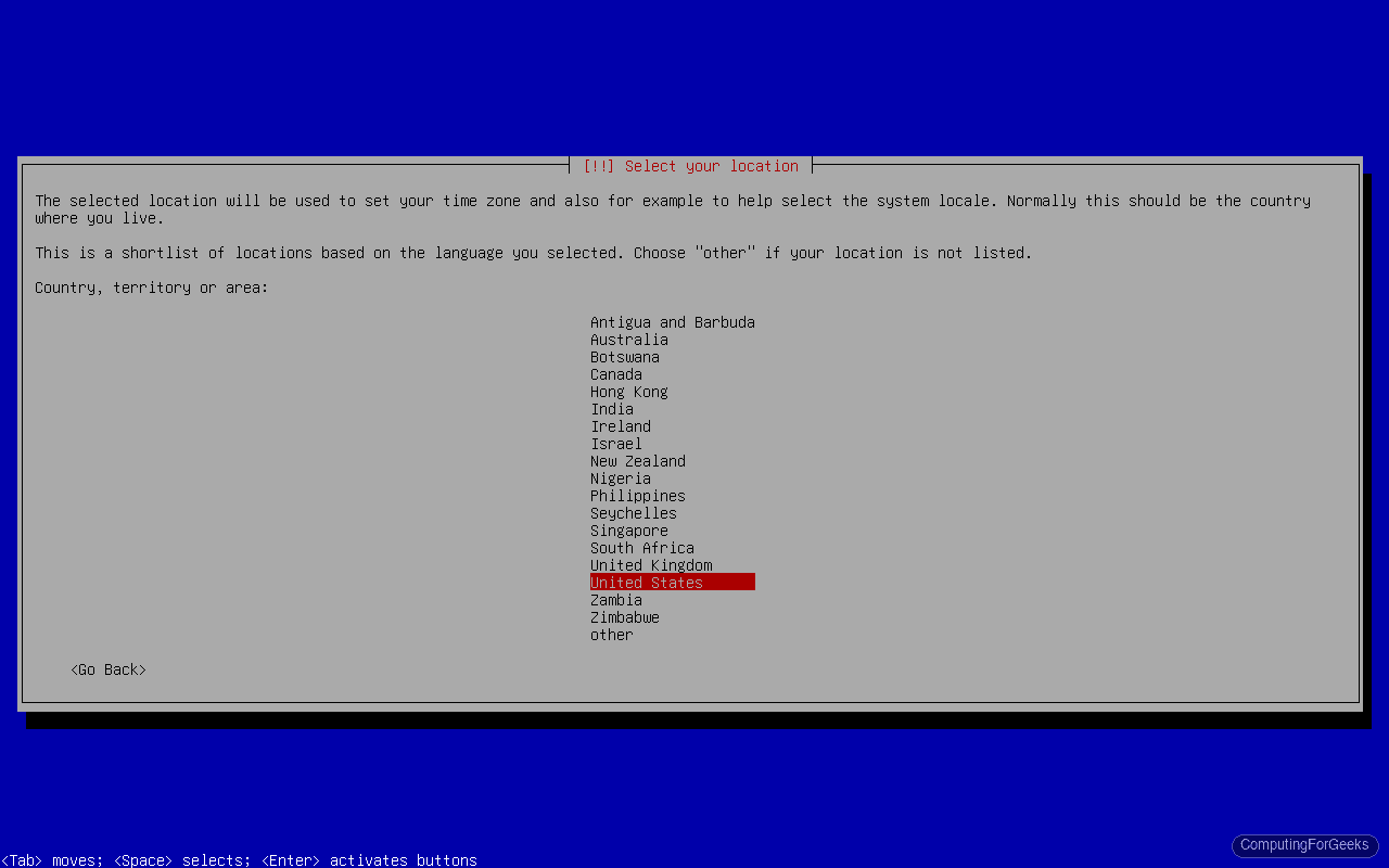 Install Debian 13 (Trixie) Step by Step 3 Debian 13 installer country and location selection