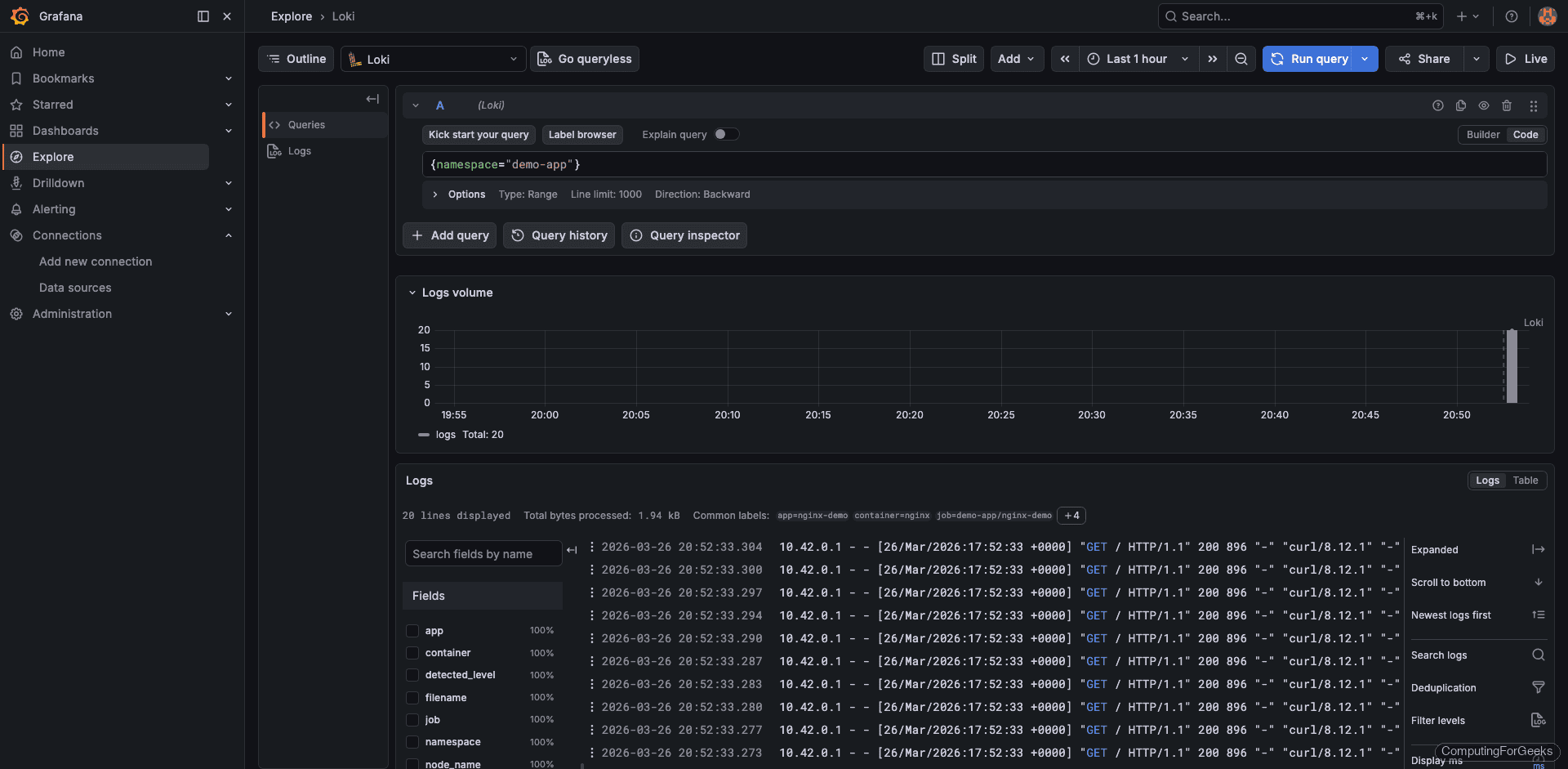 Grafana Explore showing nginx access logs from the demo-app namespace with HTTP status codes
