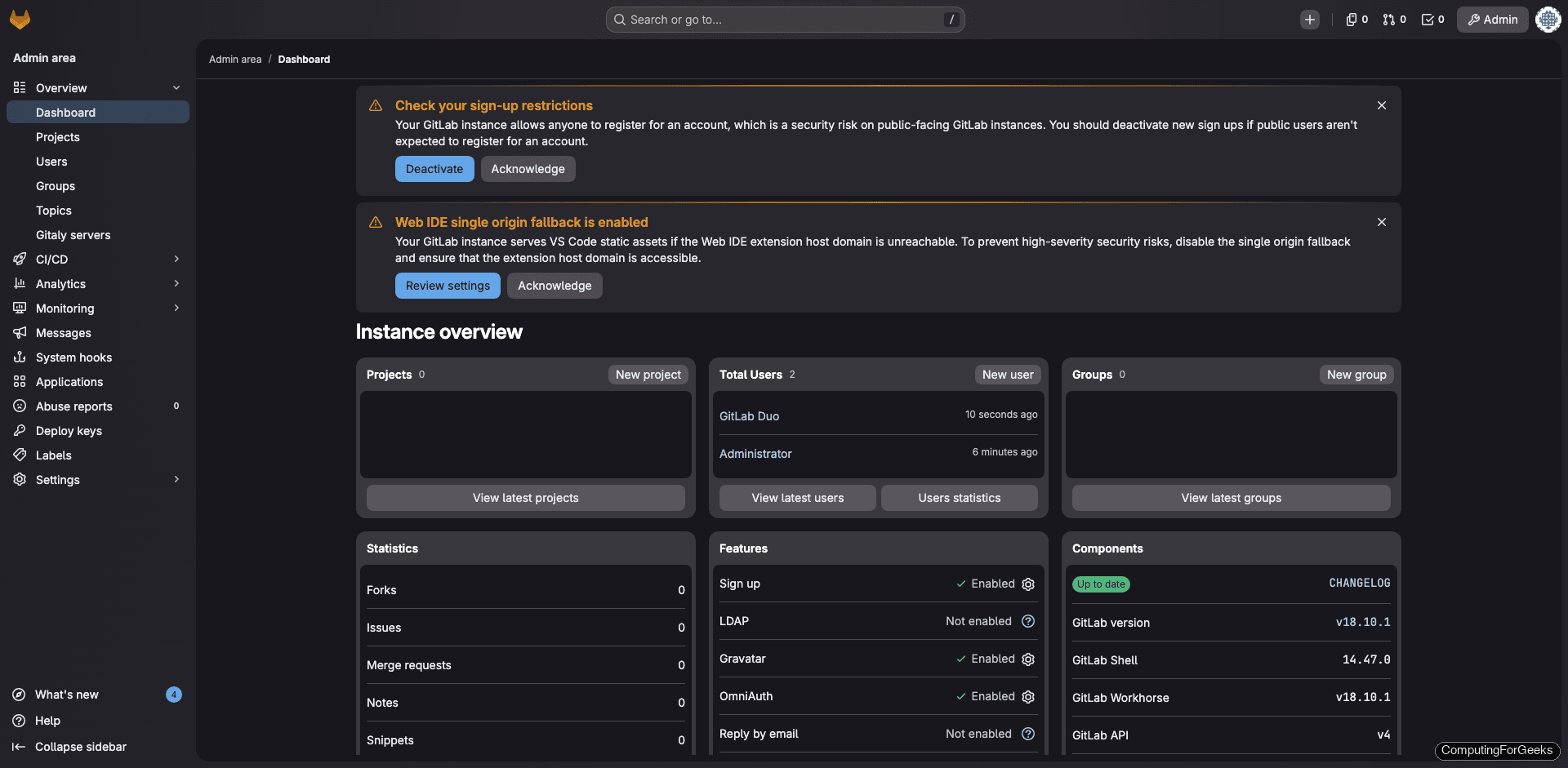 GitLab CE admin area showing instance overview with services and components