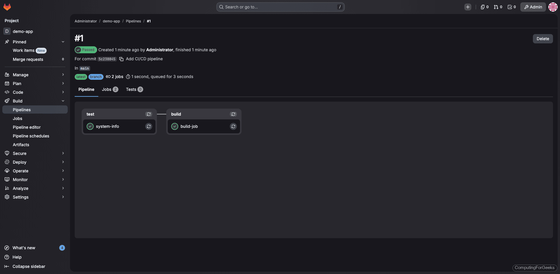 GitLab pipeline detail showing test and build stages both passed