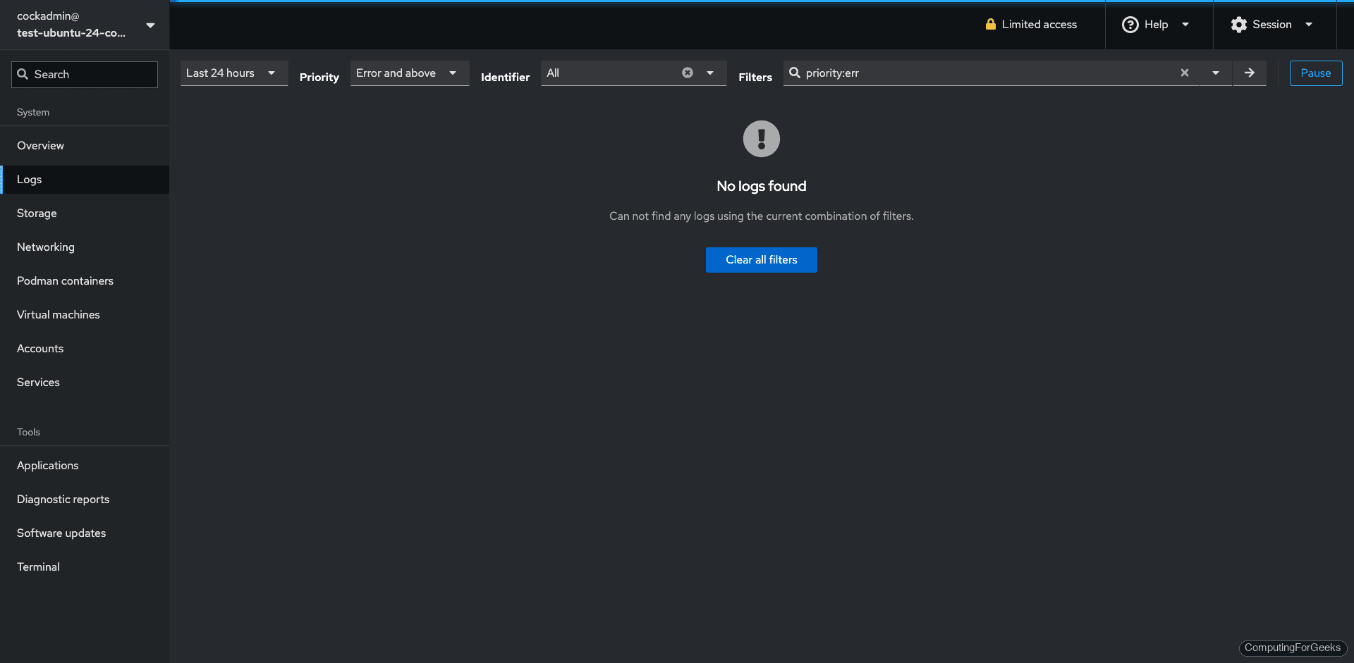Cockpit system logs viewer with priority filtering on Ubuntu 24.04