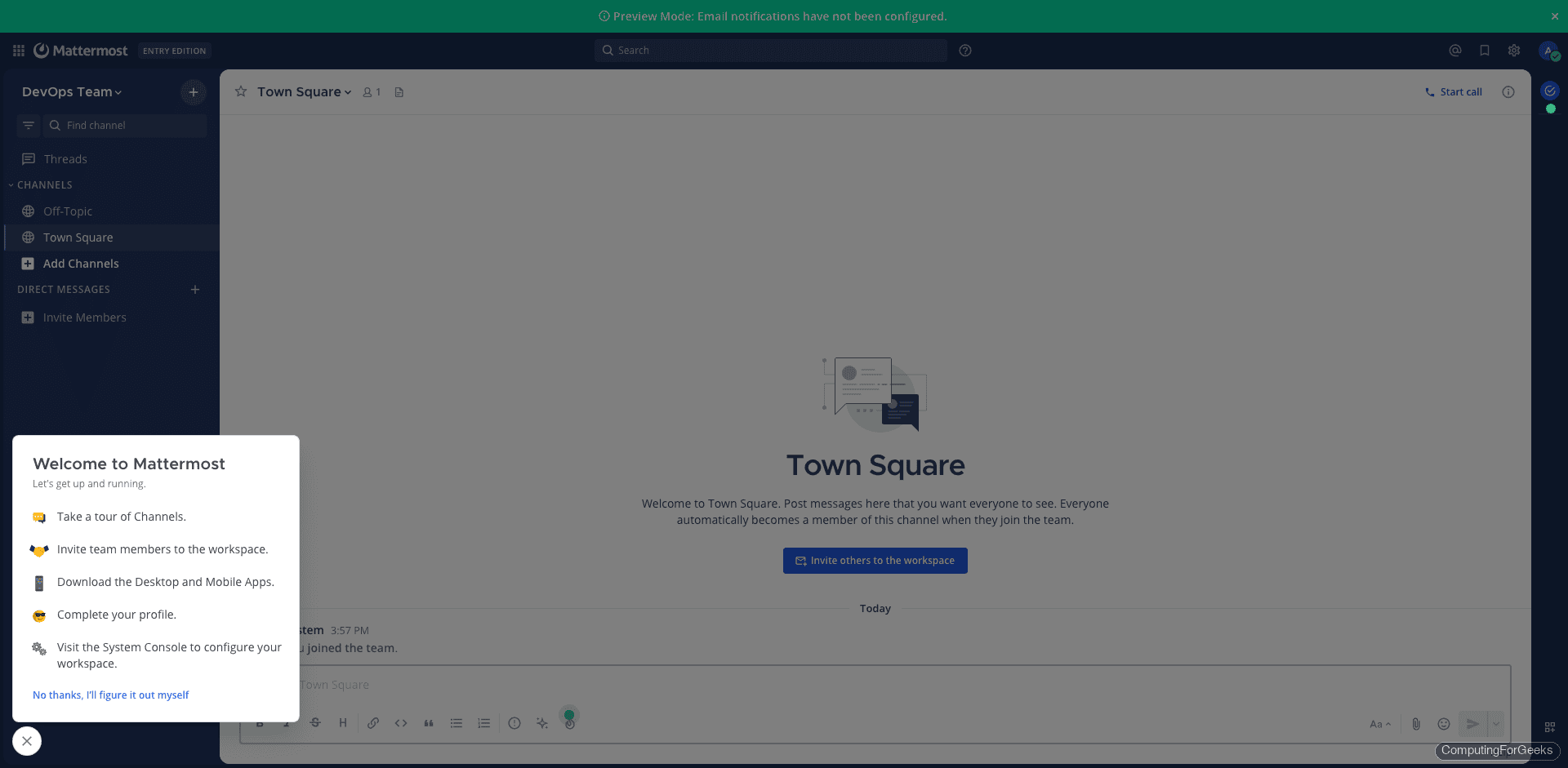 Mattermost Town Square channel view after first login