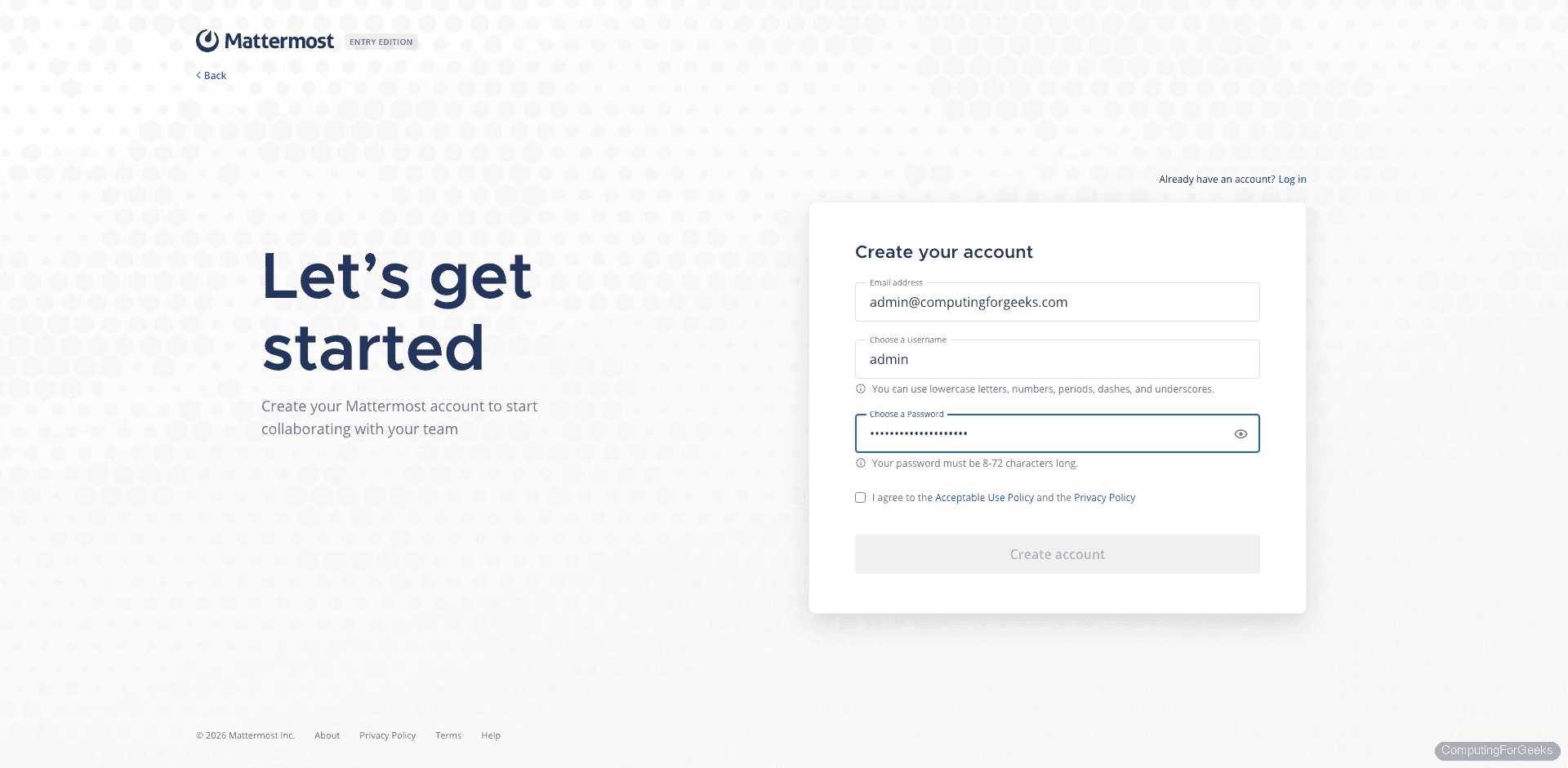 Mattermost signup form with email username and password filled in