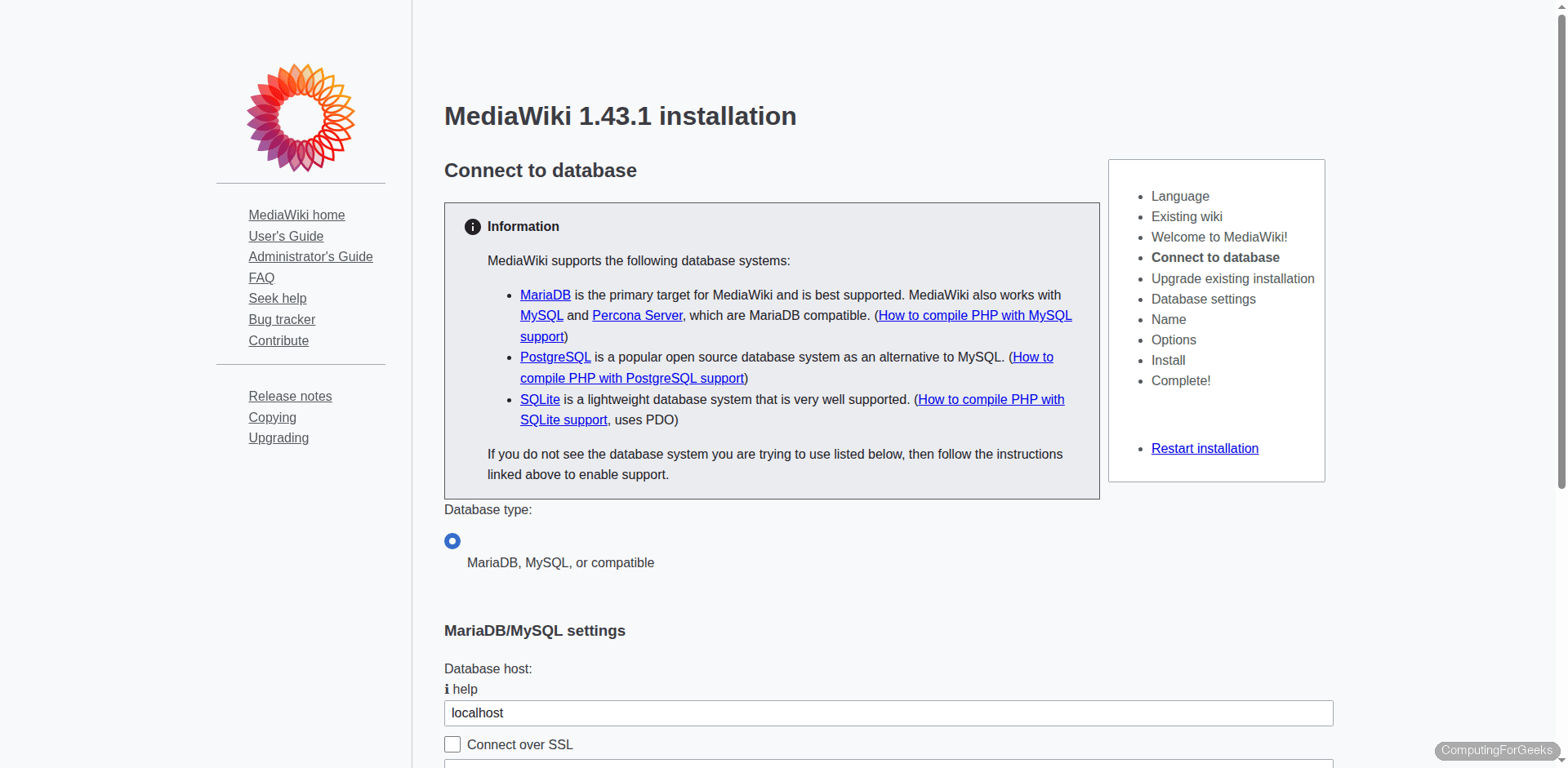 MediaWiki installer database connection settings with MariaDB selected