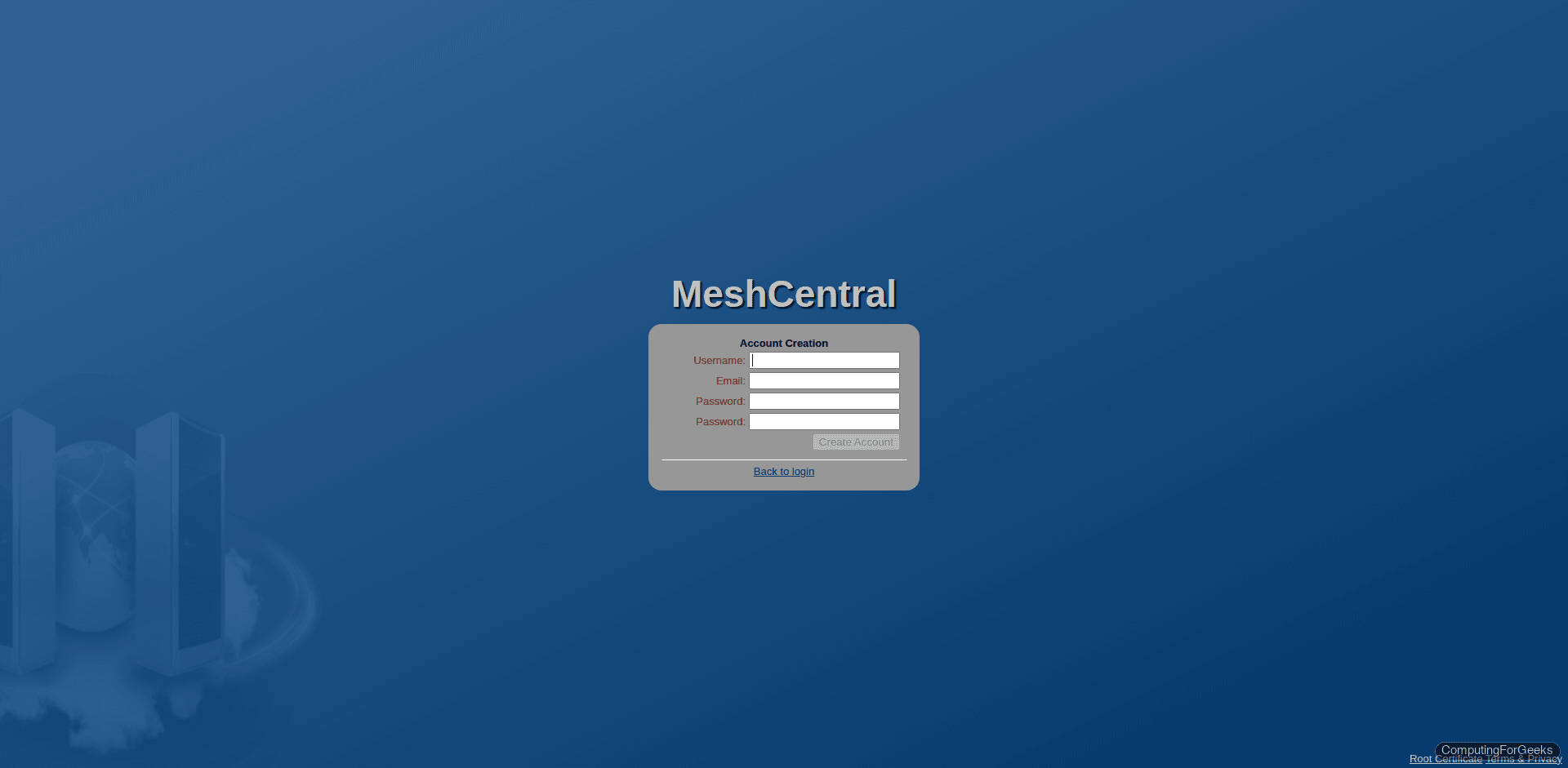 MeshCentral account creation screen showing the initial admin setup wizard