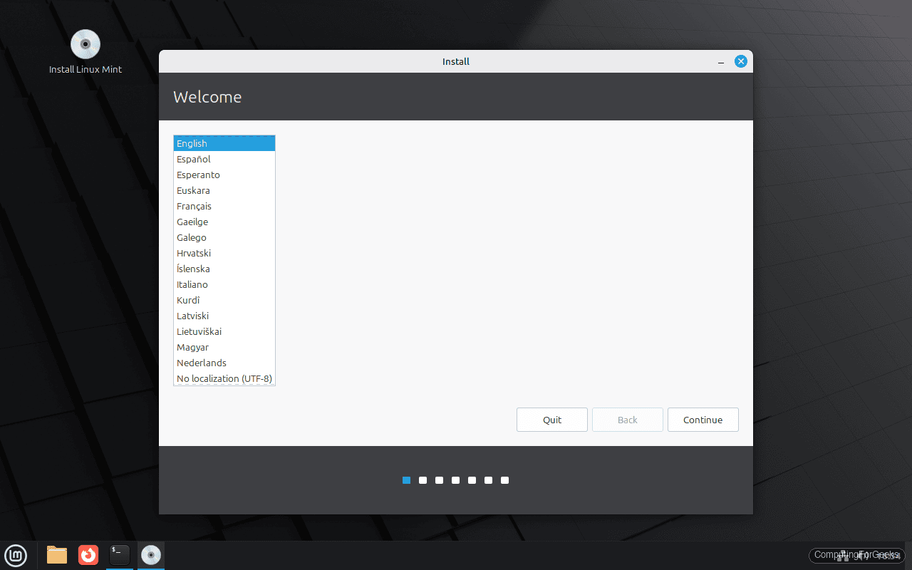 Linux Mint installer language selection screen
