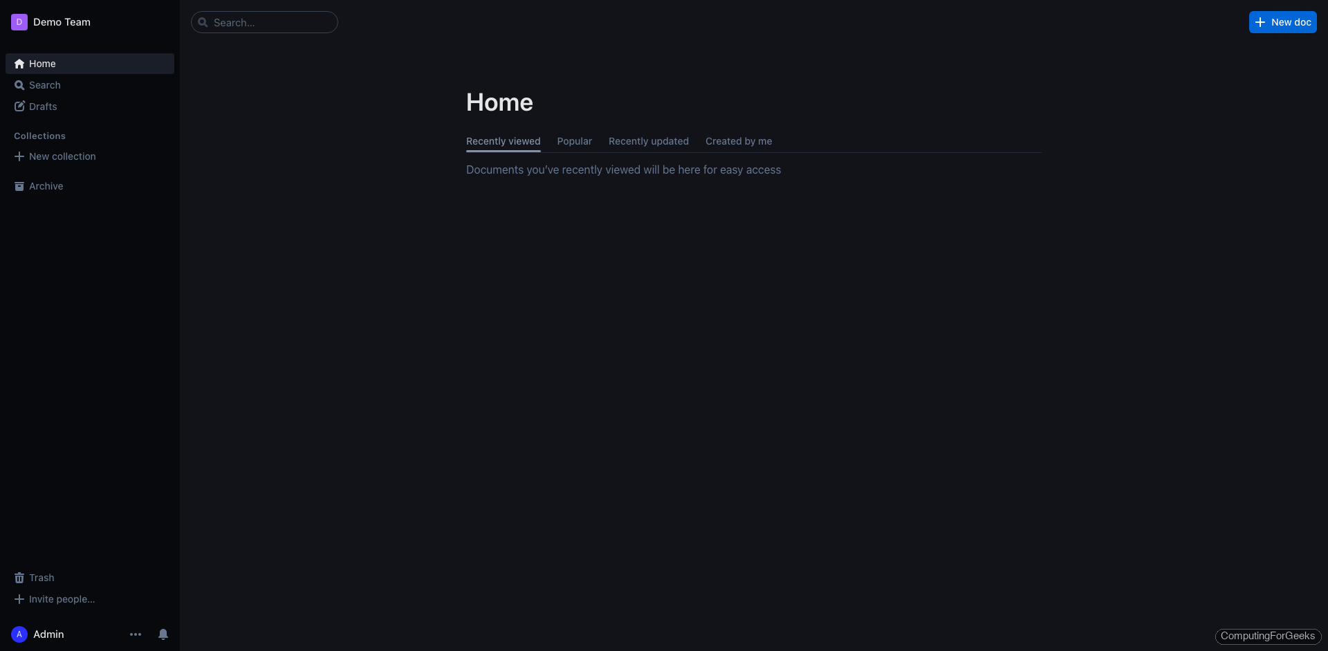 Install Outline Wiki with Docker on Ubuntu 2 Outline Wiki dashboard for Demo Team workspace showing Home, Search, Drafts, Collections, and New doc button