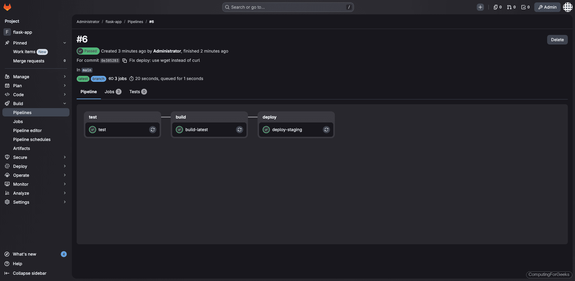 GitLab pipeline detail showing all three stages passed: test, build, deploy
