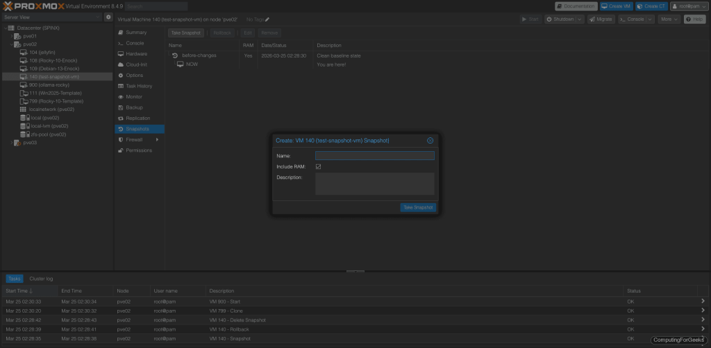 Proxmox VE take snapshot dialog with name description and include RAM options