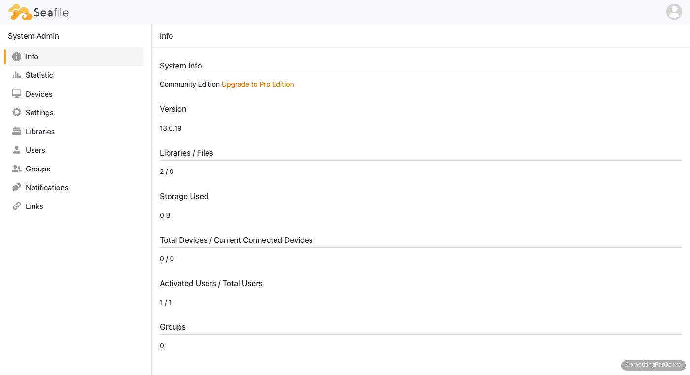 Install Seafile Server on Ubuntu 24.04 / 22.04 with Docker 3 Seafile 13.0.19 admin panel showing Community Edition system info with libraries, users, and storage stats