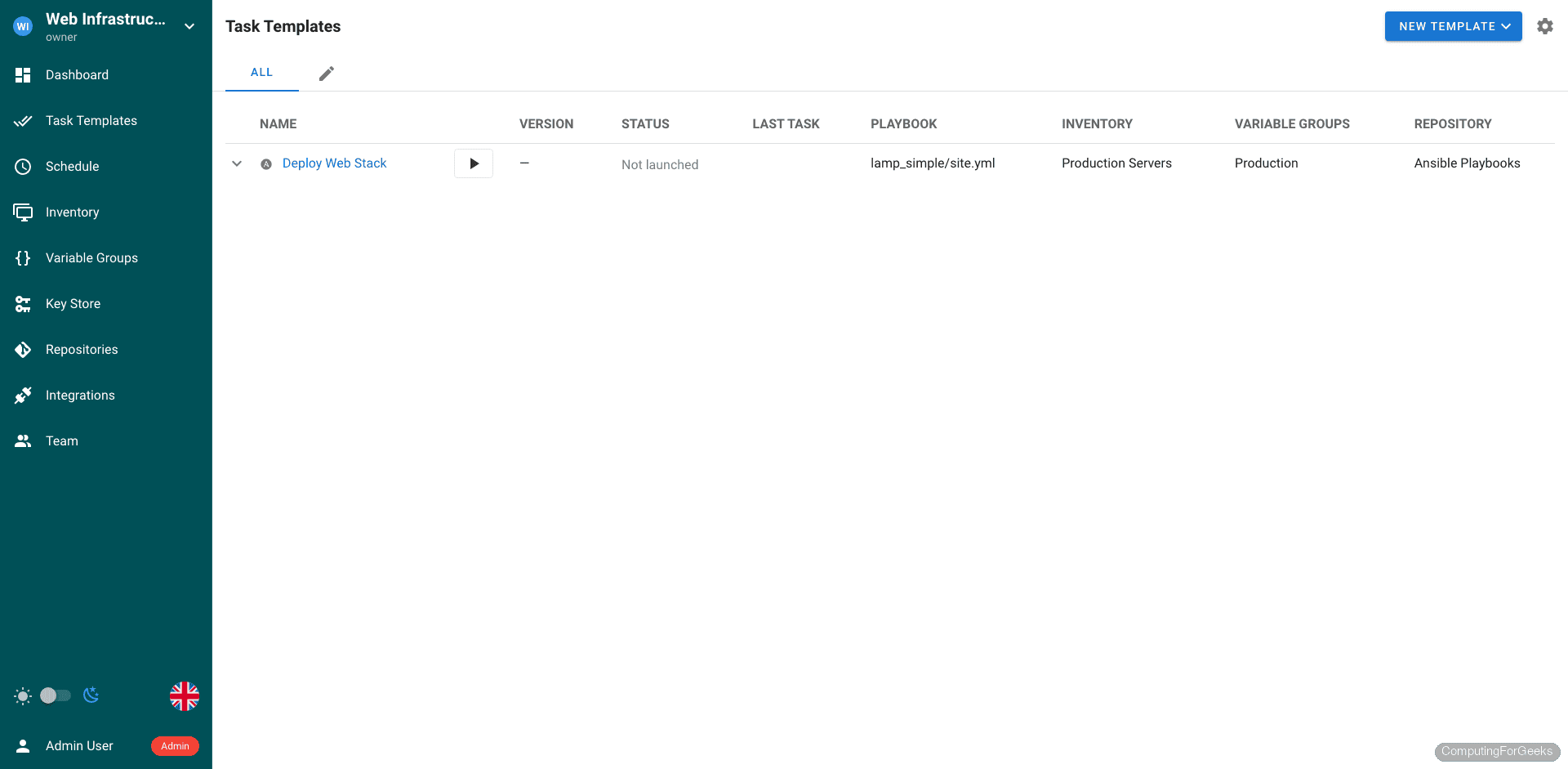 Install Semaphore Ansible UI on Ubuntu 24.04 / Debian 13 7 Semaphore task templates page showing Deploy Web Stack template
