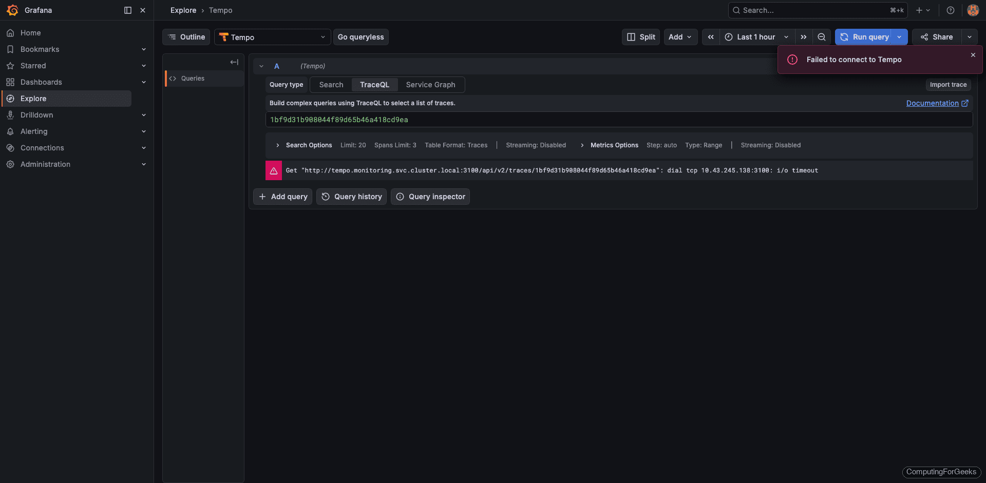 Tempo trace waterfall diagram showing process-order span details with HTTP attributes