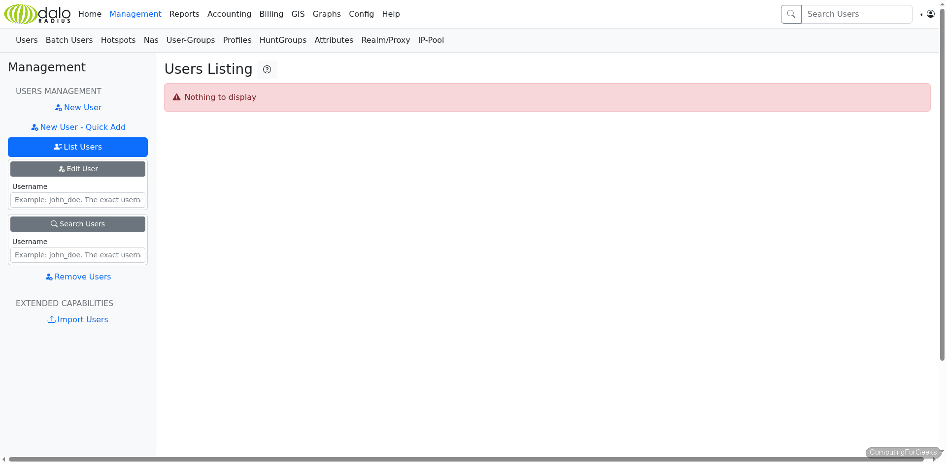 Install FreeRADIUS and daloRADIUS on Debian 13 / Debian 12 3 daloRADIUS user management page showing the list of RADIUS users on Debian 13