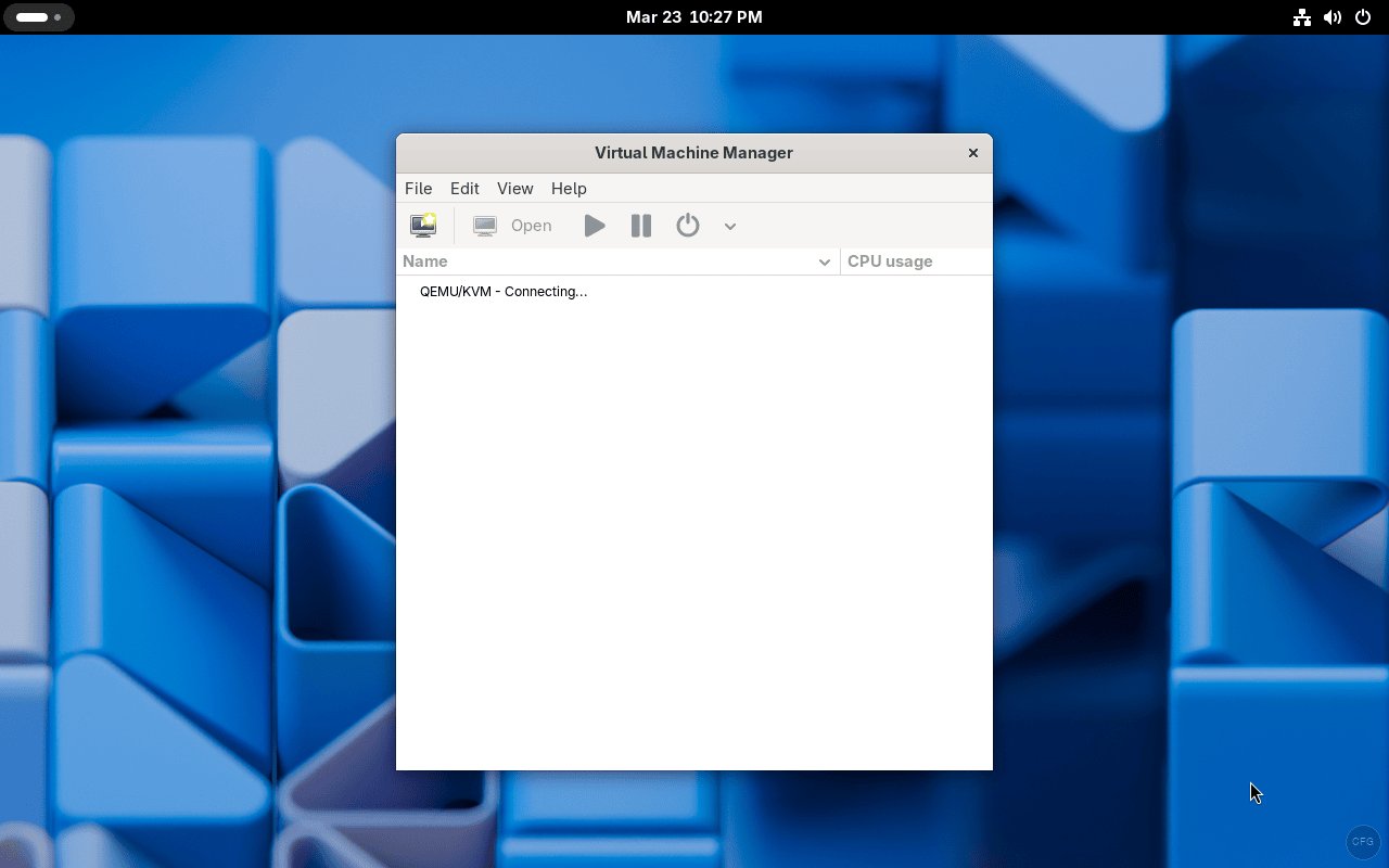 virt-manager window showing QEMU/KVM connecting