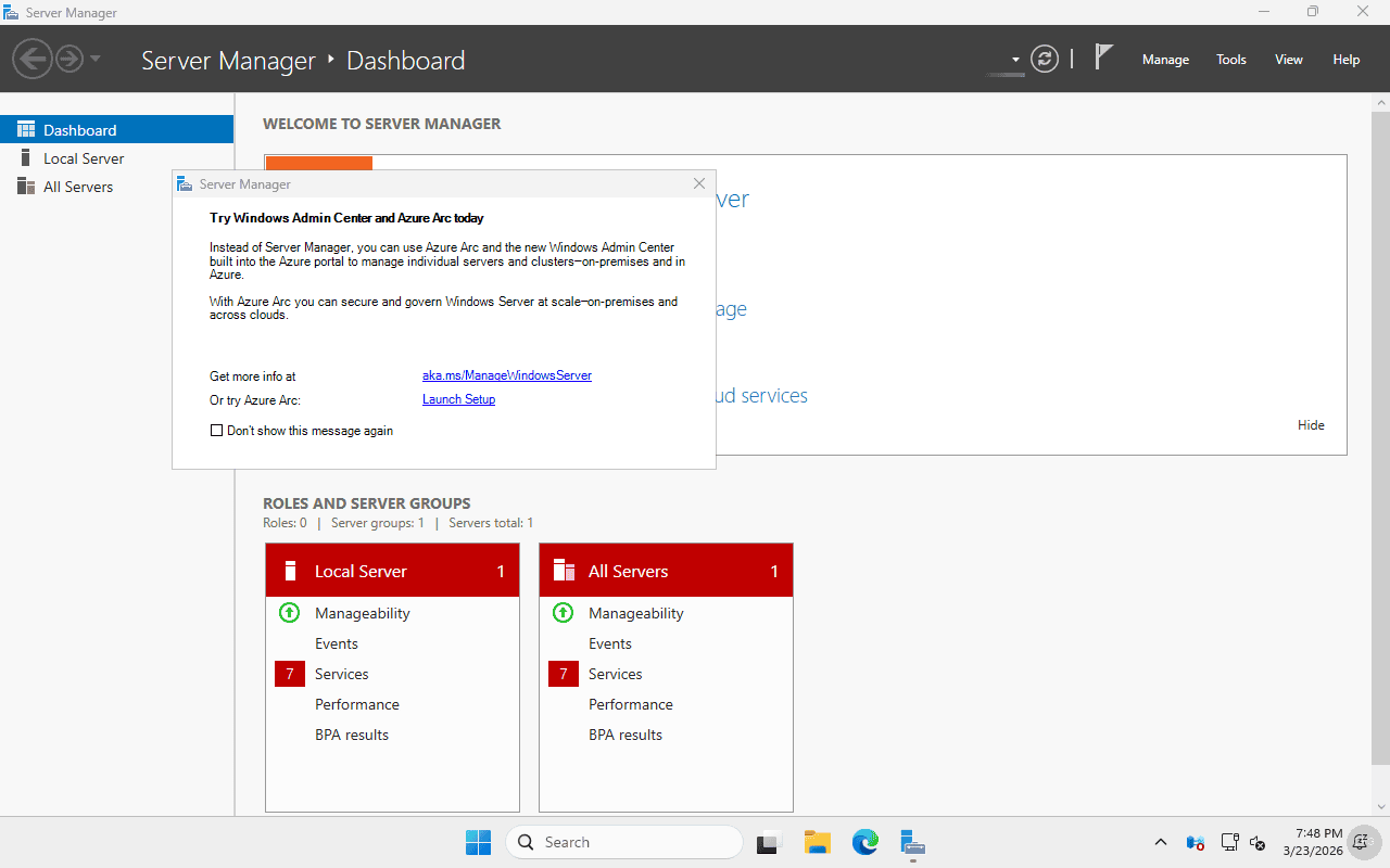 Windows Server 2025 Server Manager dashboard after successful installation on Proxmox VE