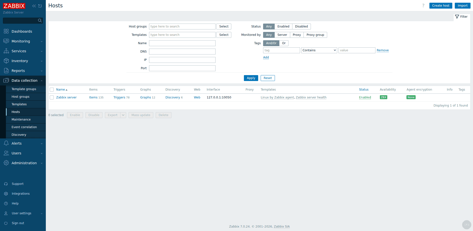 Zabbix 7.0 monitoring hosts page showing configured hosts and their availability status