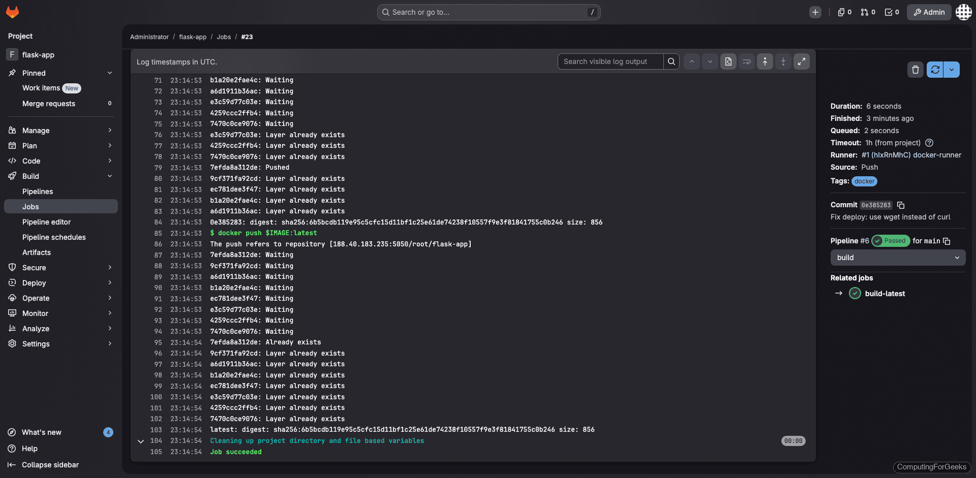 GitLab CI job log showing Docker image build and push to container registry