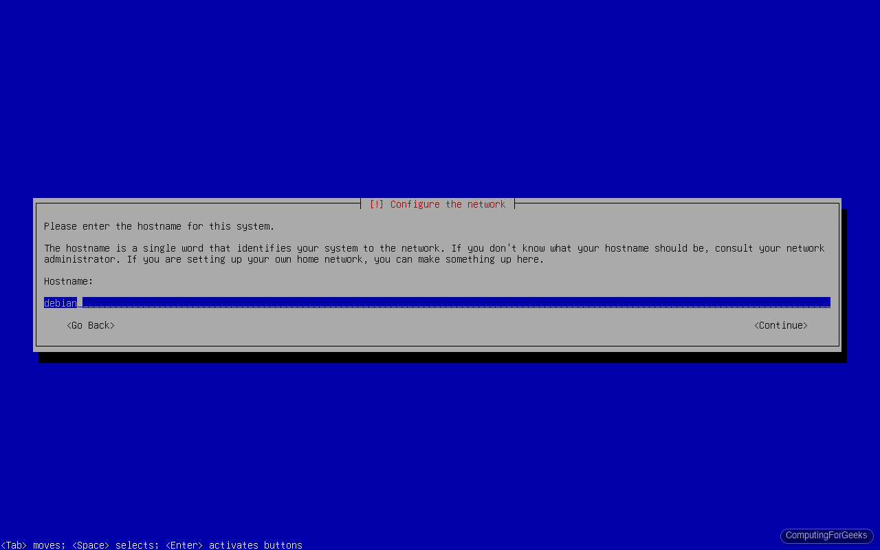Install Debian 13 (Trixie) Step by Step 4 Debian 13 installer hostname configuration screen