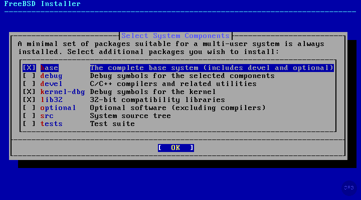 FreeBSD 15.0 system component selection screen with pkgbase packages
