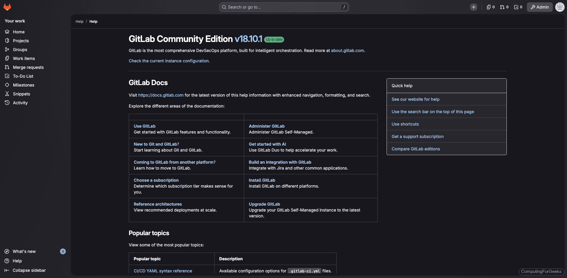 GitLab CE Docker help page showing version 18.10.1