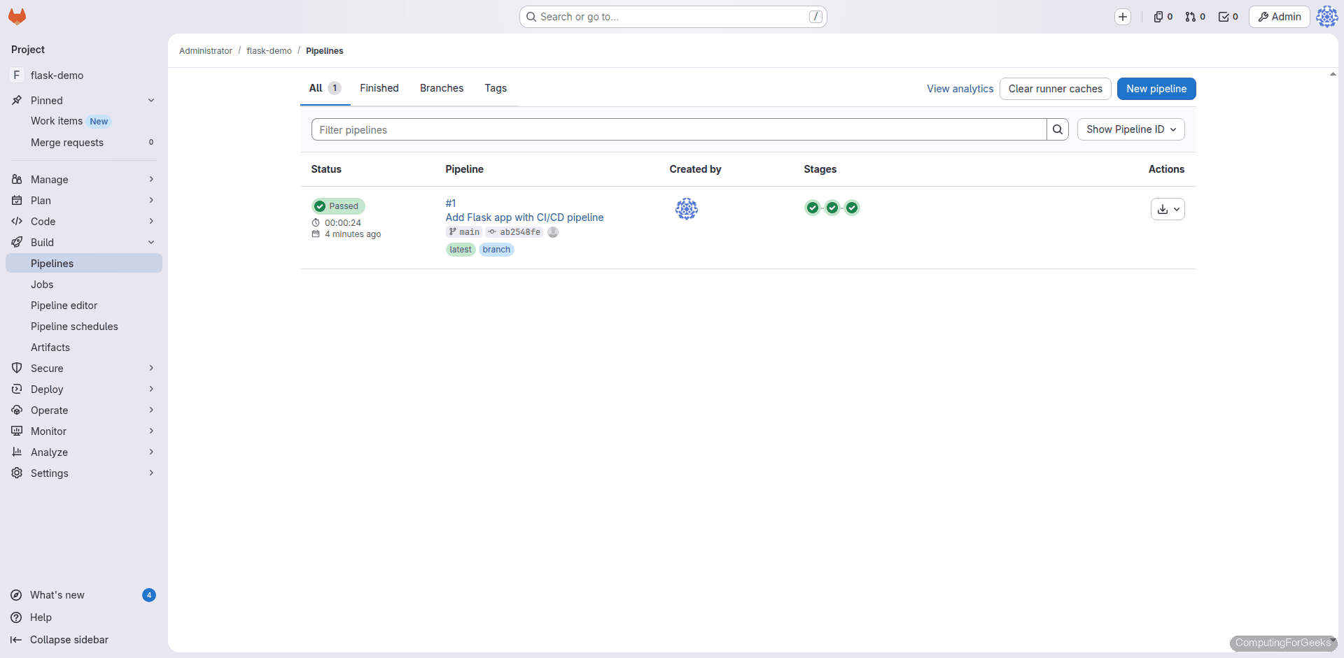GitLab pipelines page showing a successful CI/CD pipeline run with all stages passed