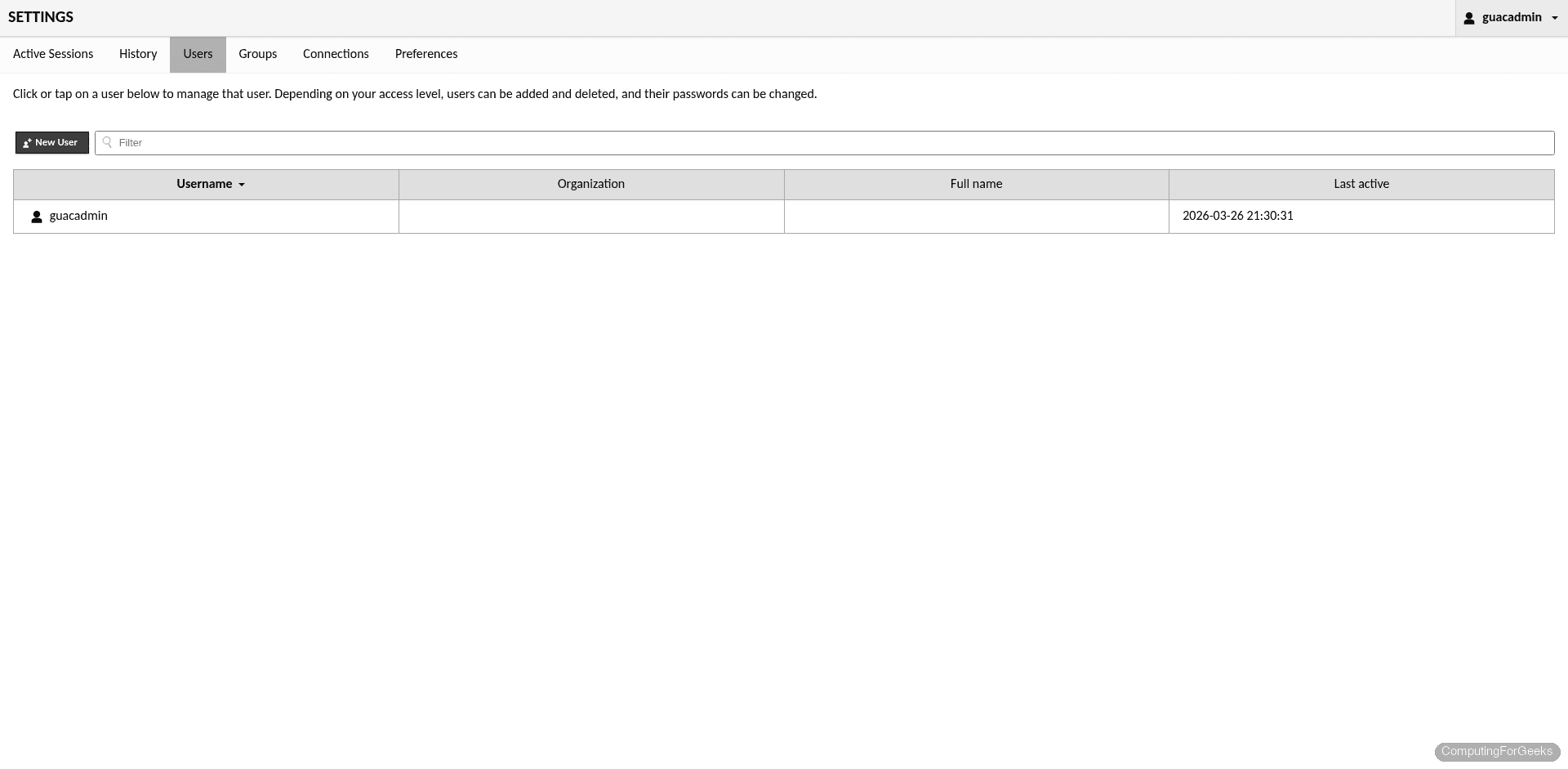 Guacamole user management page showing user accounts and permission settings