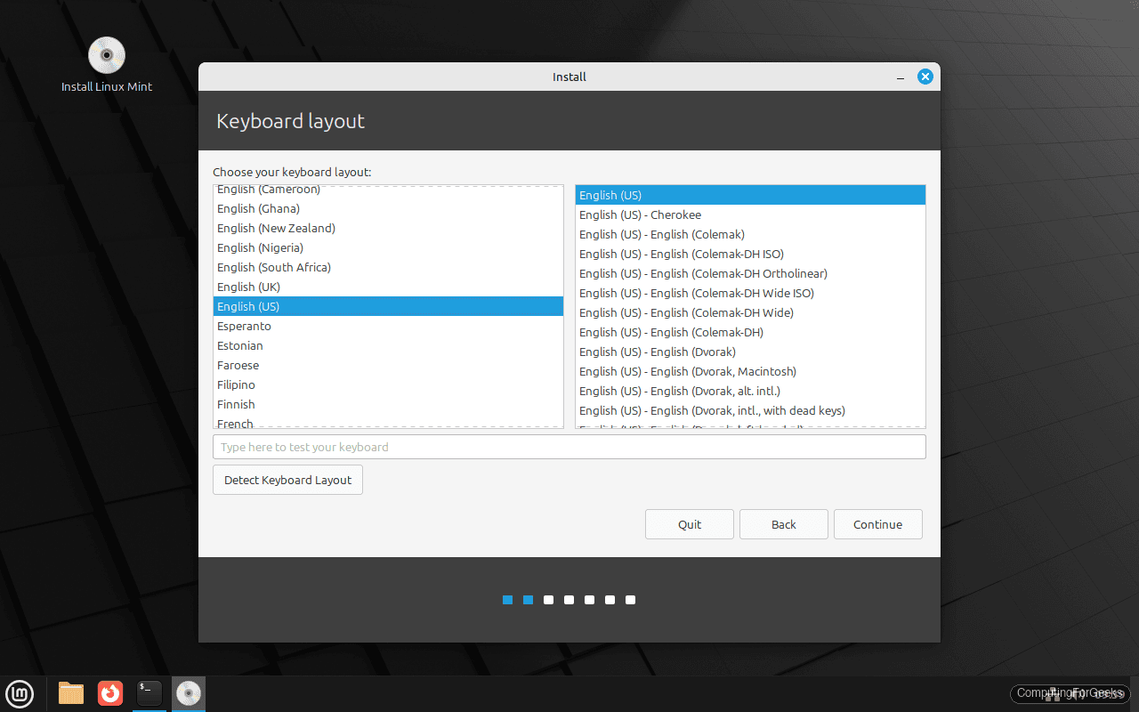 Linux Mint installer keyboard layout selection