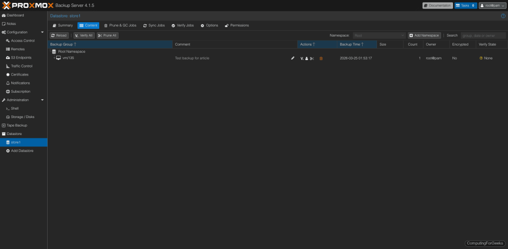 Proxmox Backup Server datastore content showing VM backup snapshots