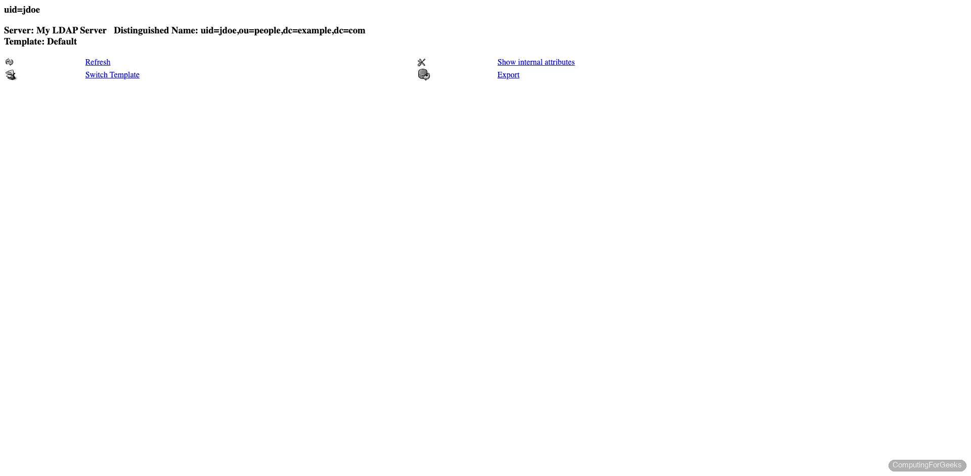 phpLDAPadmin showing user entry uid=jdoe with Distinguished Name