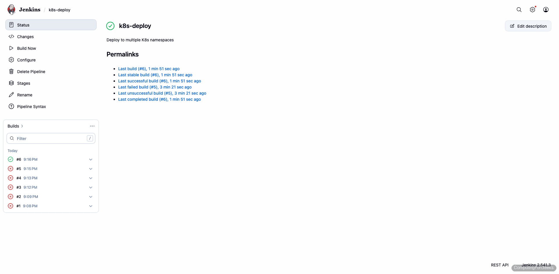 Jenkins k8s-deploy pipeline job showing successful build