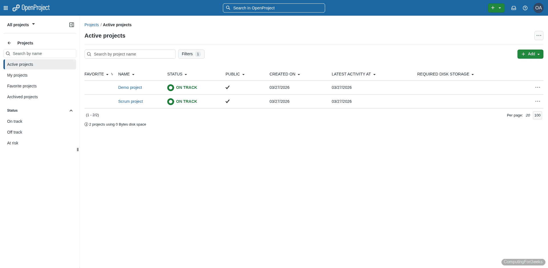 OpenProject projects list page on a fresh installation
