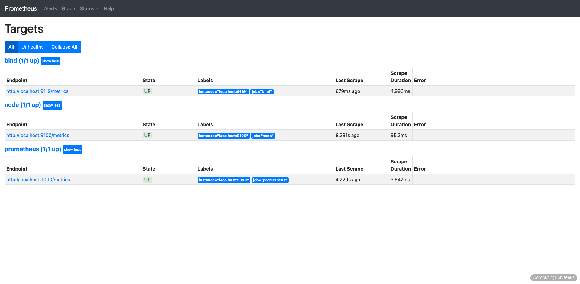 Prometheus targets page showing bind exporter target as UP