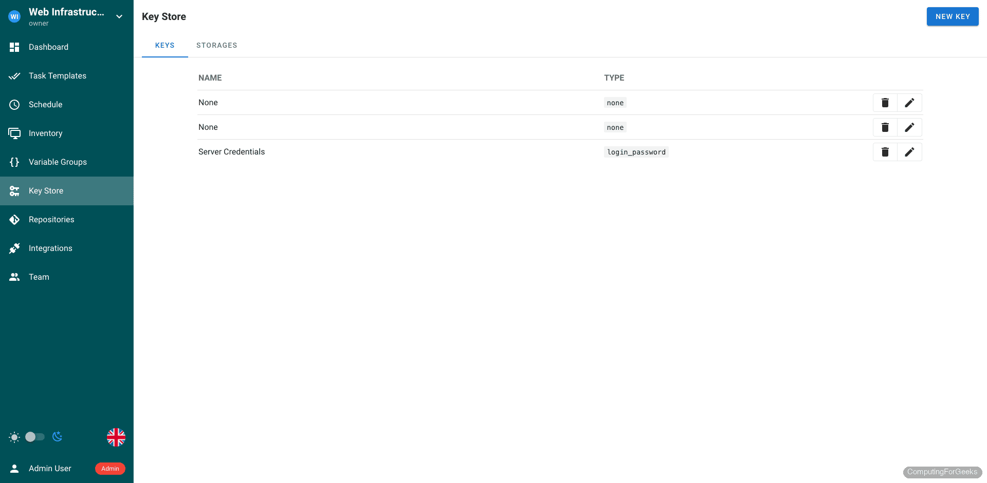 Install Semaphore Ansible UI on Ubuntu 24.04 / Debian 13 3 Semaphore Key Store page showing stored credentials