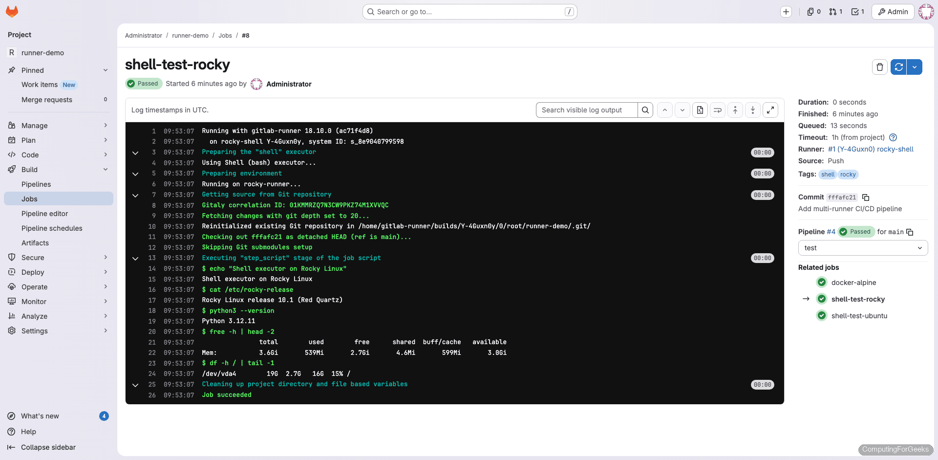 GitLab job log showing shell executor running on Rocky Linux 10.1 with Python 3.12.11