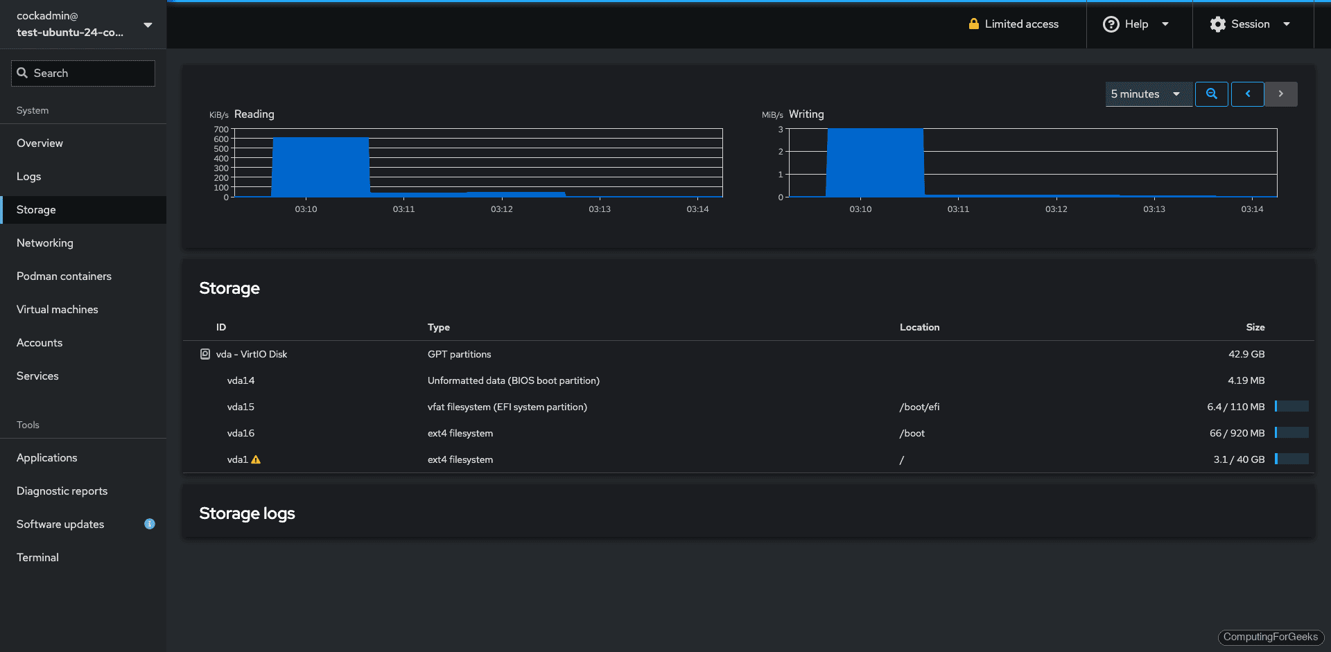 Cockpit storage management showing disk partitions and I/O graphs on Ubuntu 24.04
