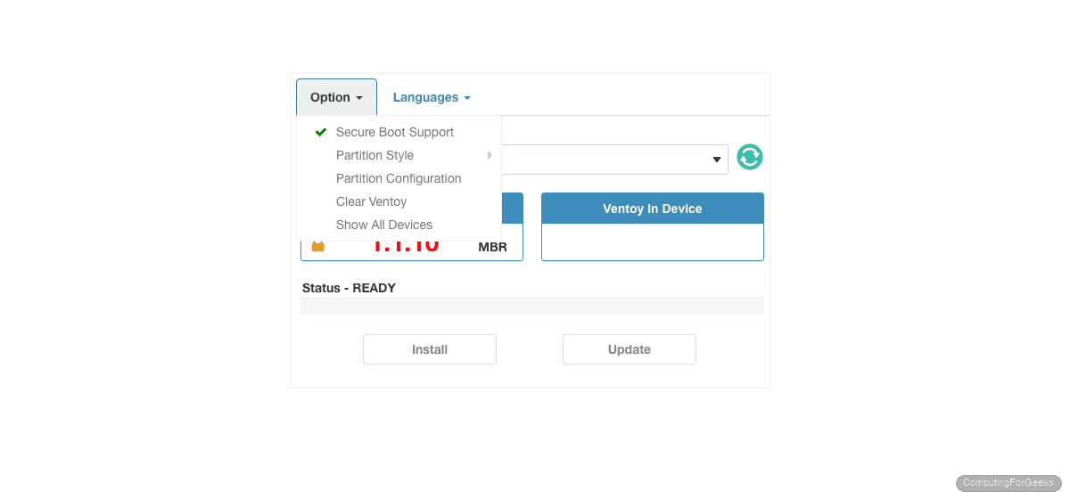 Ventoy web UI options menu showing Secure Boot, partition style, and configuration settings