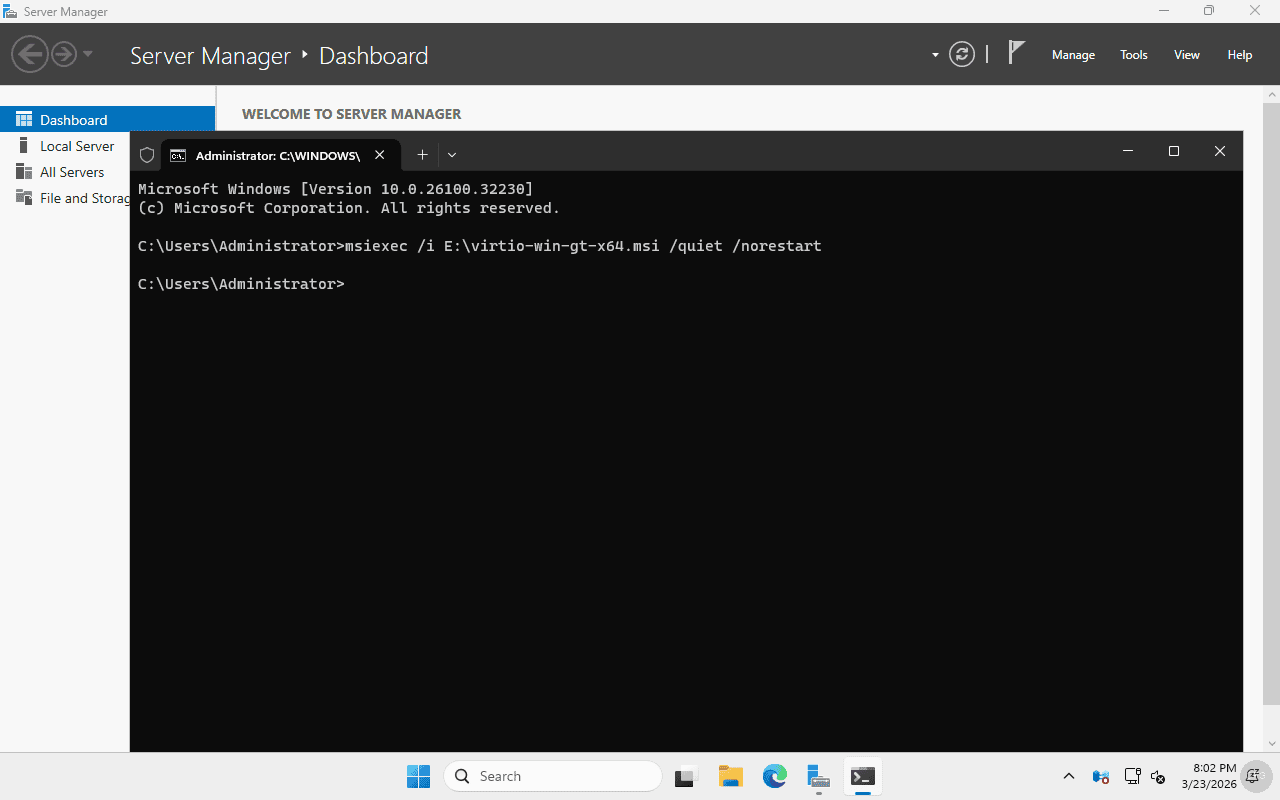 Installing VirtIO guest tools via msiexec on Windows Server 2025 in Proxmox