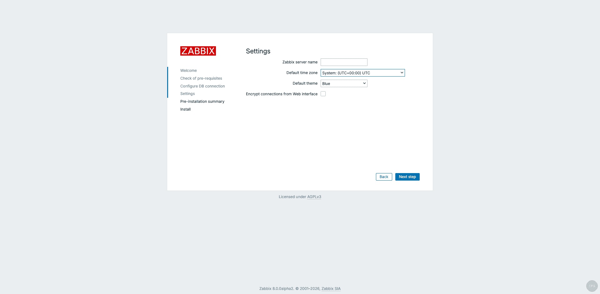Zabbix 8.0 settings page showing server name and timezone