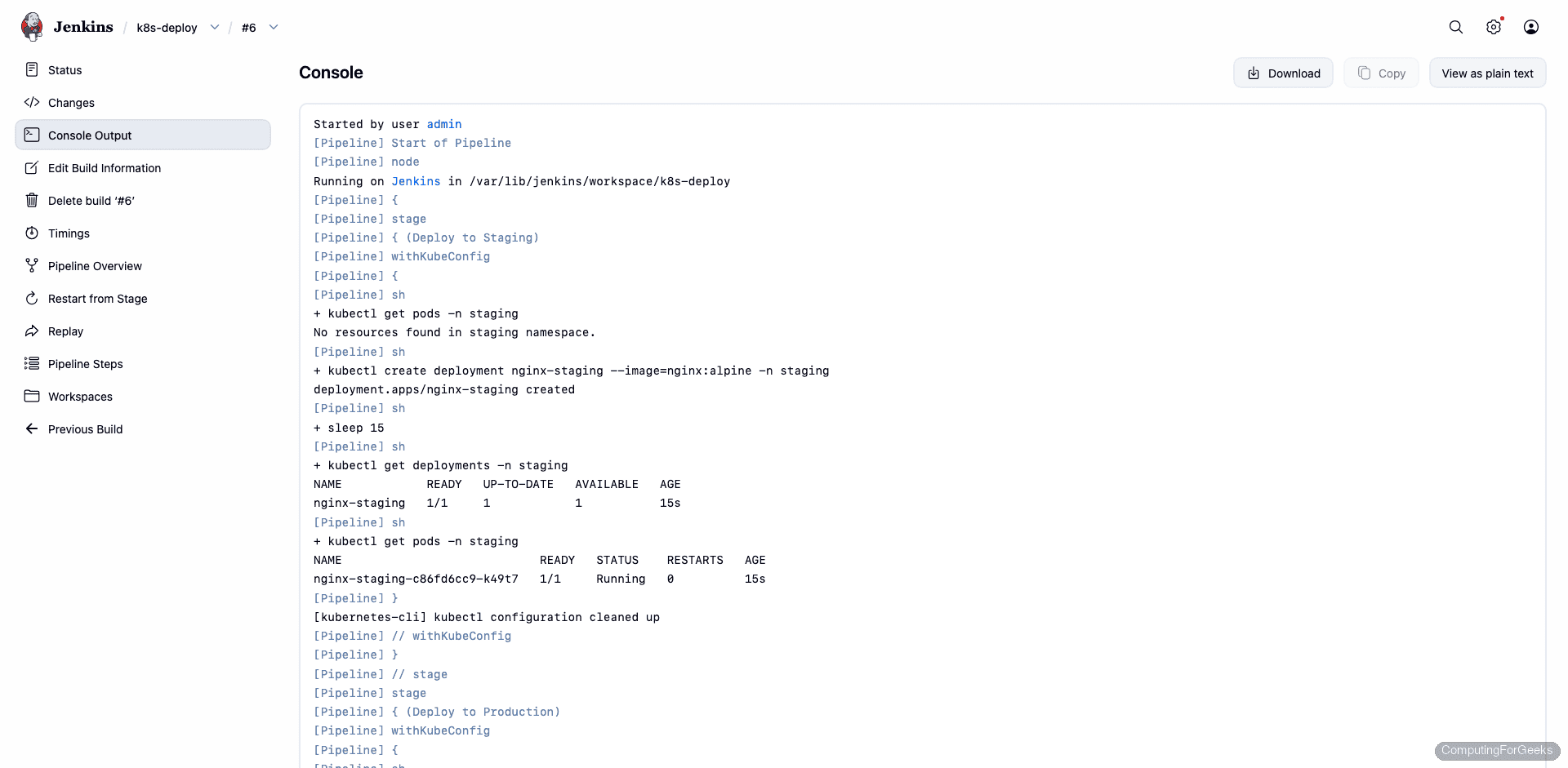 Jenkins build console showing successful kubectl commands against staging namespace