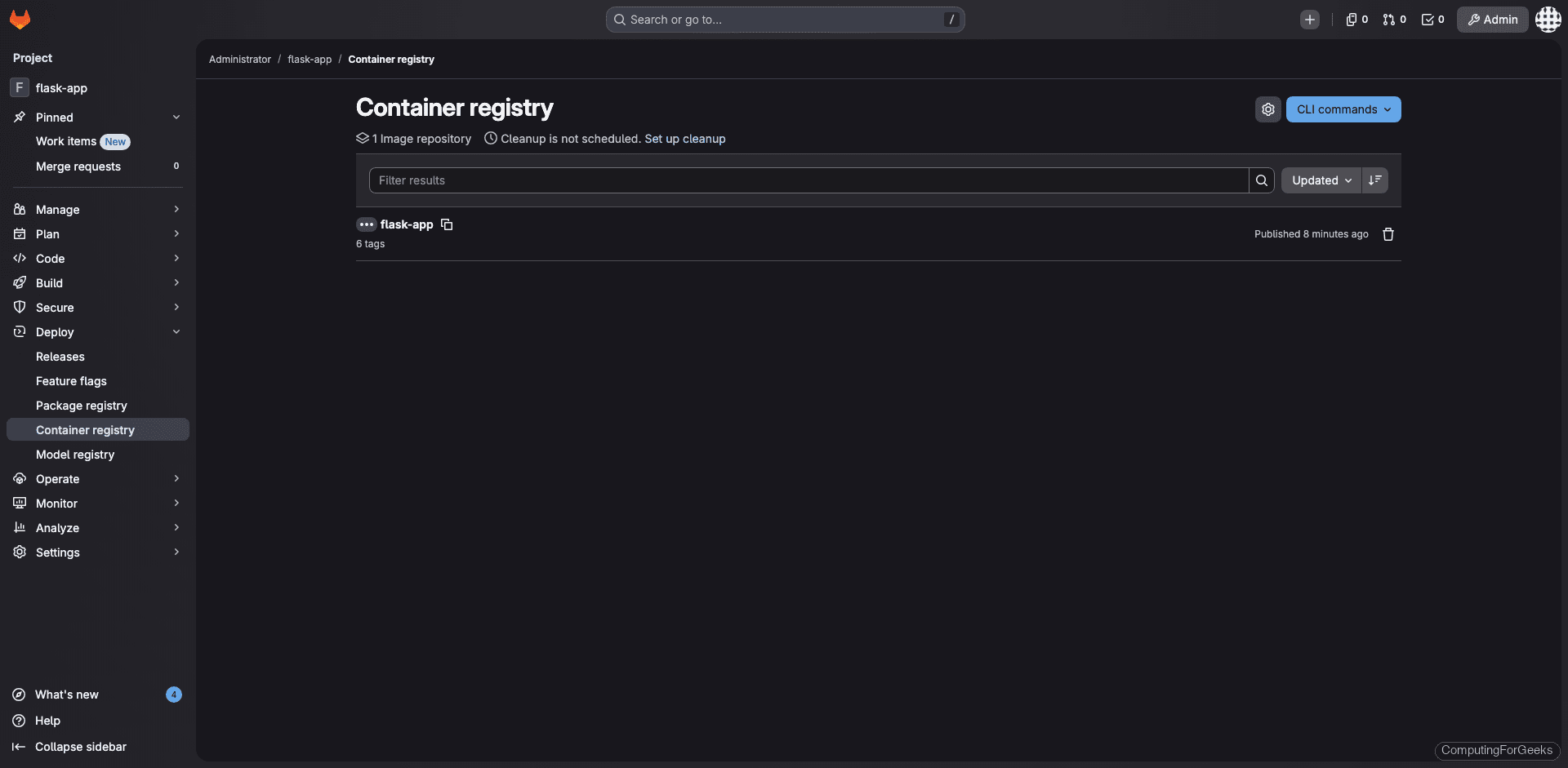 GitLab Container Registry showing pushed Docker images with tags