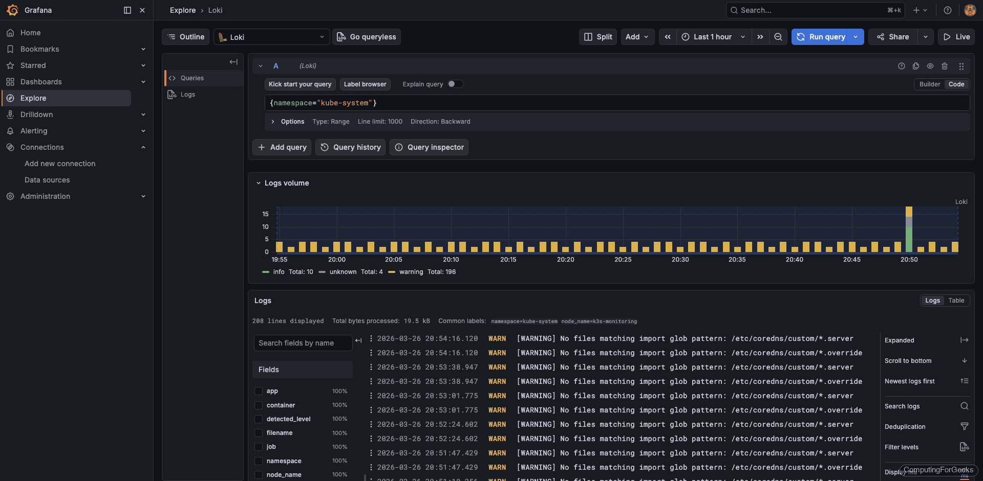Grafana Explore showing kube-system namespace logs including CoreDNS and system components