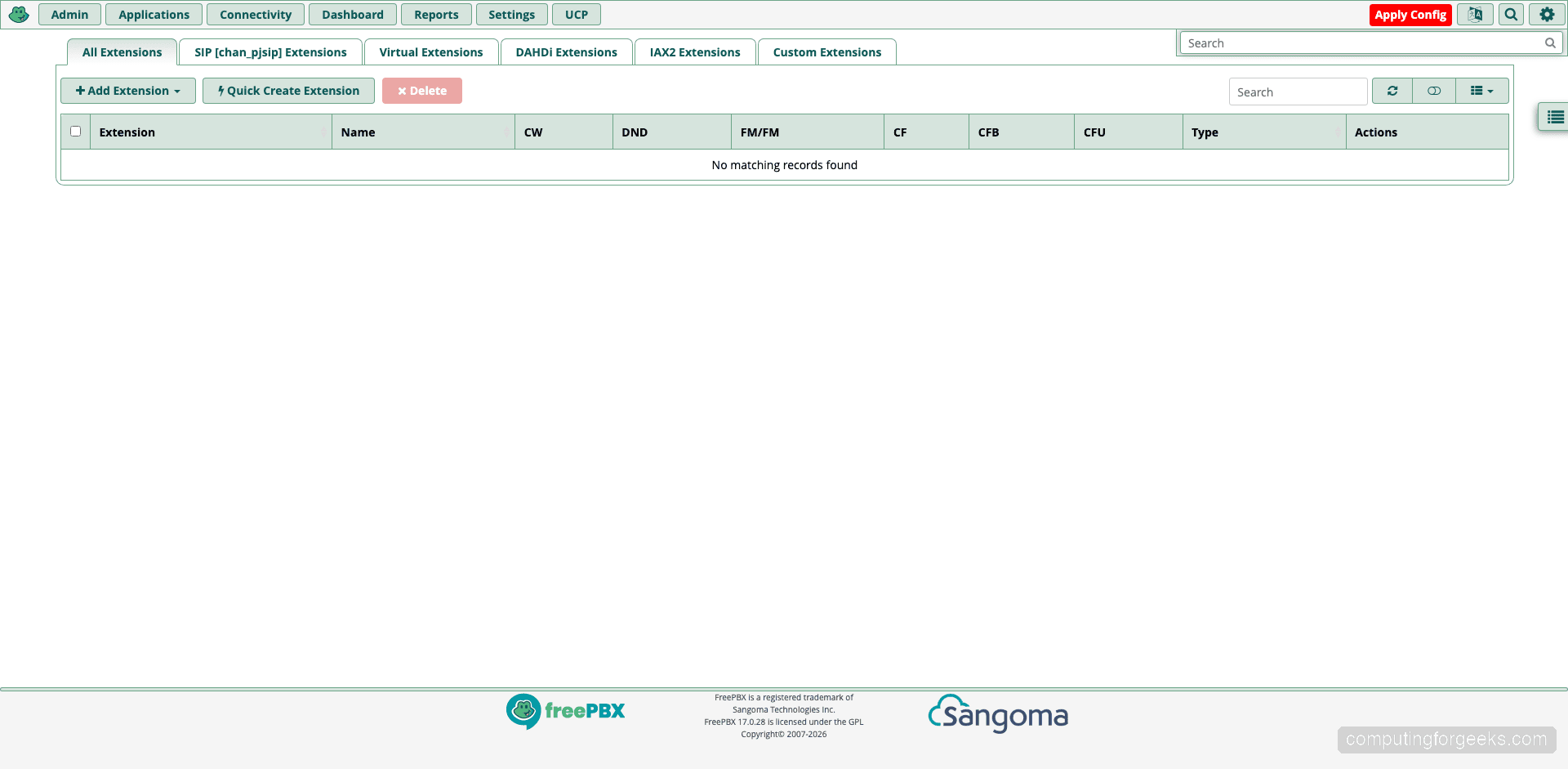 FreePBX Extensions list page
