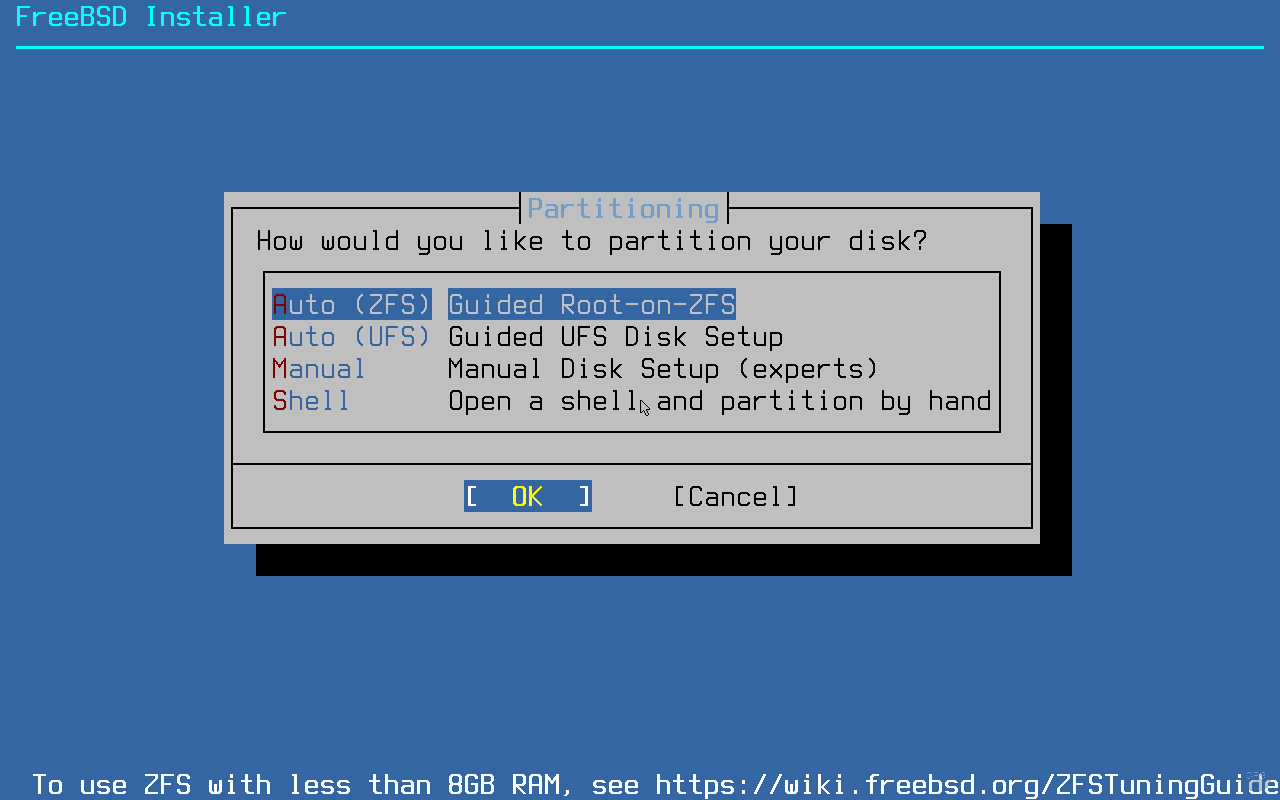 FreeBSD 15.0 disk partitioning options showing Auto ZFS, Auto UFS, Manual, and Shell