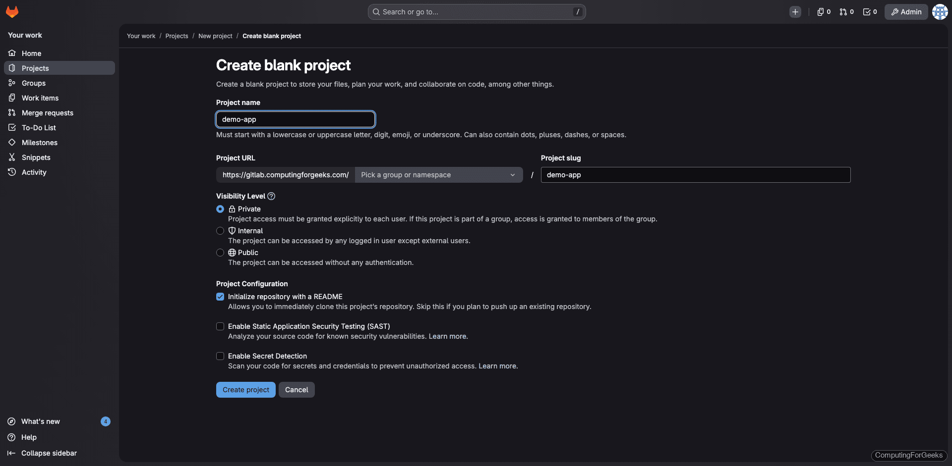 GitLab new project creation form with name field and visibility options