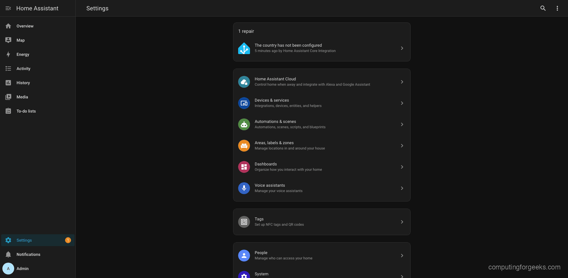 Home Assistant settings and configuration page