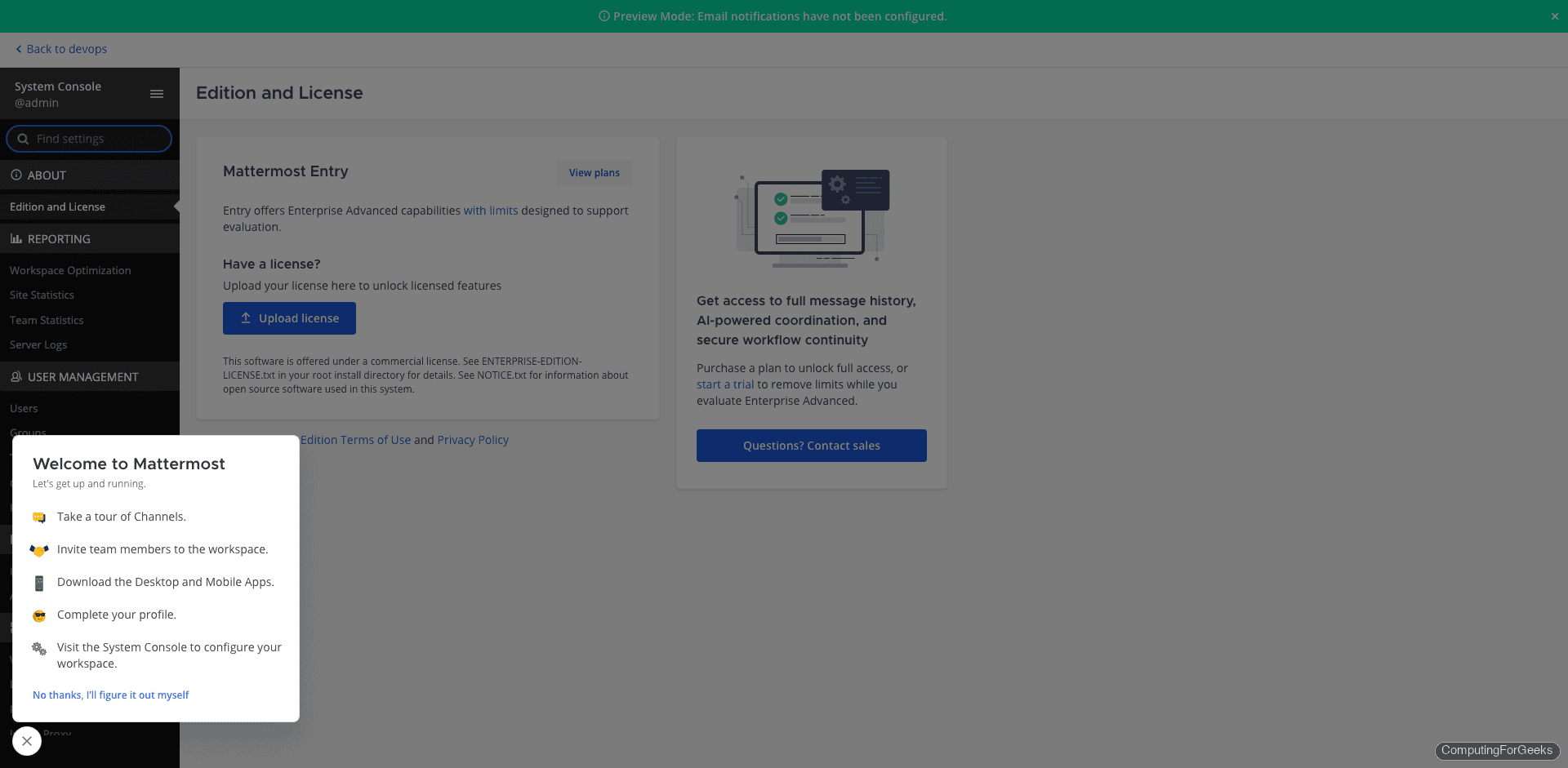 Mattermost System Console admin dashboard