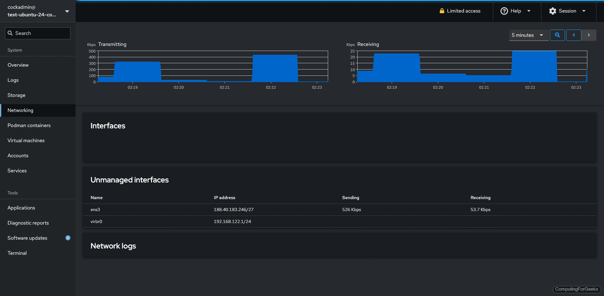 Cockpit networking configuration showing interfaces and traffic on Ubuntu 24.04